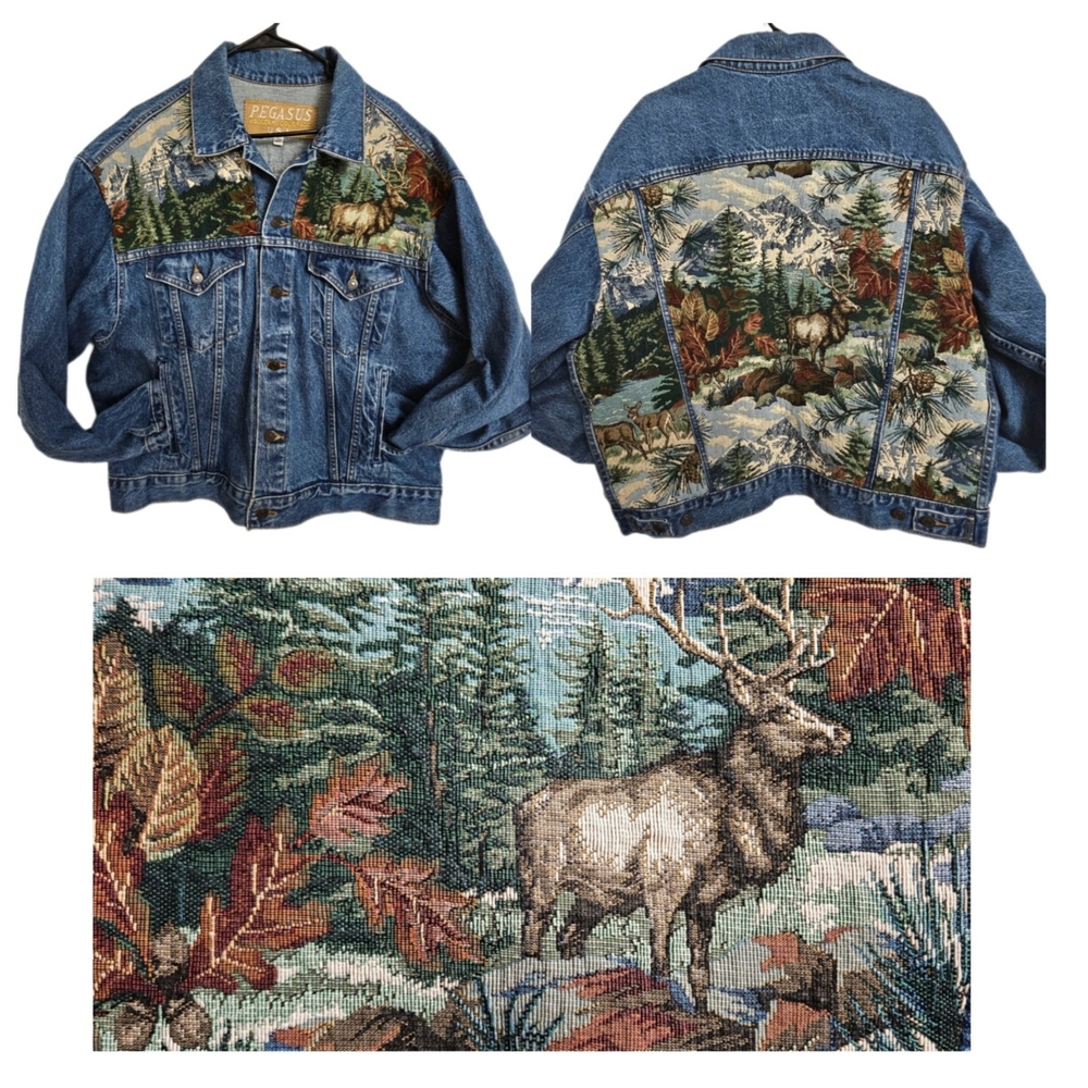 Beautiful Unique Denim Jacket Nature Tapestry Large Pockets Vintage Western Elk